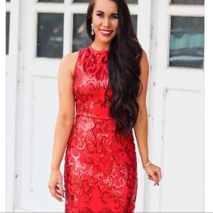Sexy, red sequined overlay, form fitting dress